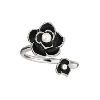 Anello Aperto 'Kyoto' Heian Acciaio Silver con Camelia Nera Smalto e Perla
