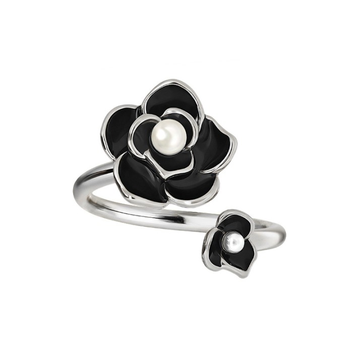 Anello Aperto 'Kyoto' Heian Acciaio Silver con Camelia Nera Smalto e Perla