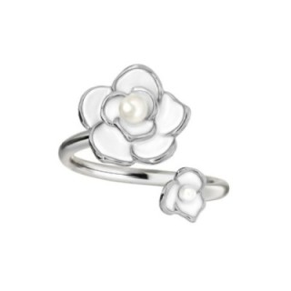 Anello Aperto 'Kyoto' Kinkaku Acciaio Silver con Camelia Bianca e Perla