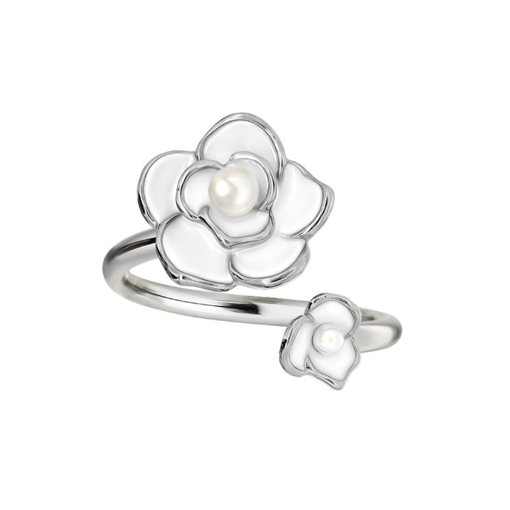 Anello Aperto 'Kyoto' Kinkaku Acciaio Silver con Camelia Bianca e Perla