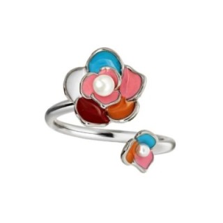 Anello Aperto 'Kyoto' Gion Acciaio Silver con Camelia Multicolor e Perla