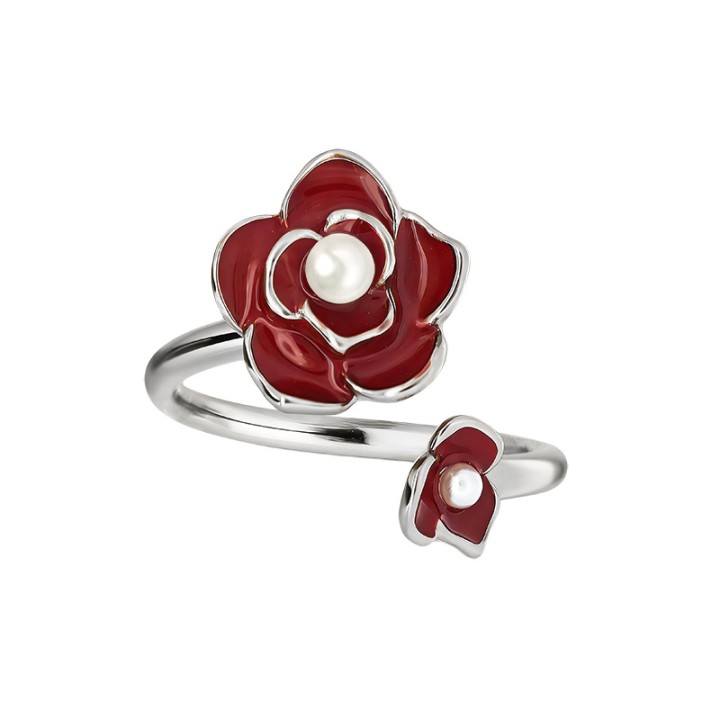 Anello Aperto 'Kyoto' Fushimi Acciaio Silver con Camelia Rossa e Perla