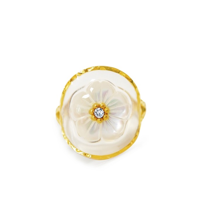 Anello Aperto 'Riviera' St. Tropez Placcato Oro con Sigillo in Madreperla e Strass