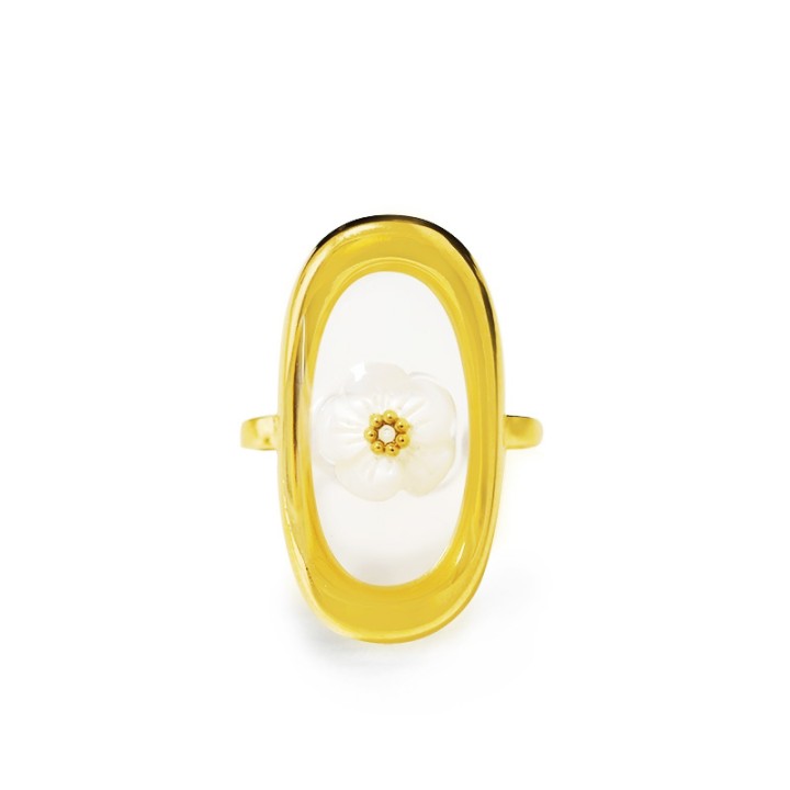 Anello Aperto 'Tuvalu' Funafuti Placcato Oro con Scudo Ovale e Fiore in Conchiglia