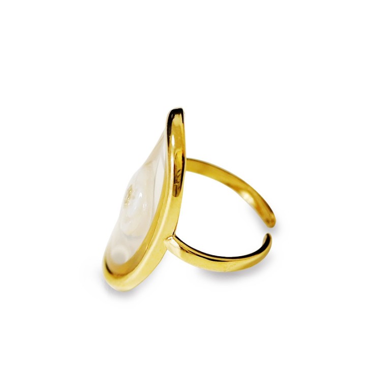 Anello Aperto 'Tuvalu' Funafuti Placcato Oro con Scudo Ovale e Fiore in Conchiglia