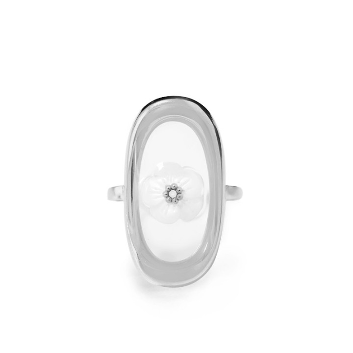 Anello Aperto 'Tuvalu' Nukufetau Acciaio Silver con Scudo Ovale e Fiore in Conchiglia