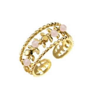 Fascia Regolabile Oro Giallo con Foglie Traforate E Pietre Rosa