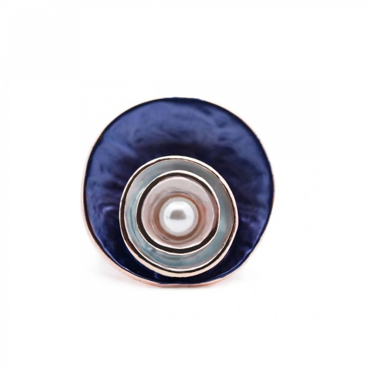Anello Elastico Smalto Blu con Perla
