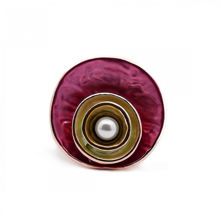 Anello Elastico Smalto Rosso Prugna con Perla