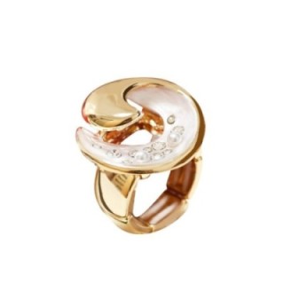 Anello Elastico Luna Smaltata Bianca con Strass E Perle