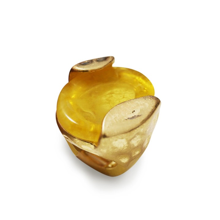 Grande Anello Elastico Anforato In Resina con Pietra Gialla