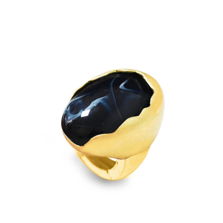 Grande Anello Elastico Ovale DOME In Resina con Pietra Blu