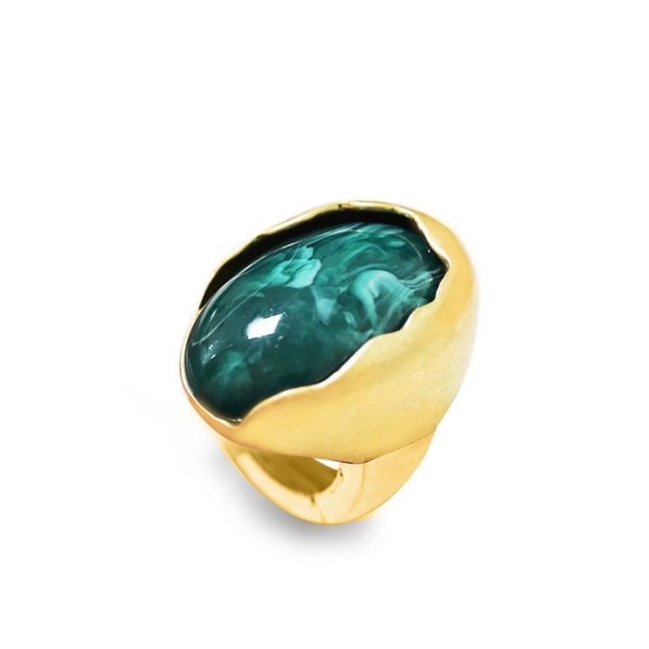 Grande Anello Elastico Ovale DOME In Resina con Pietra Verde Scuro