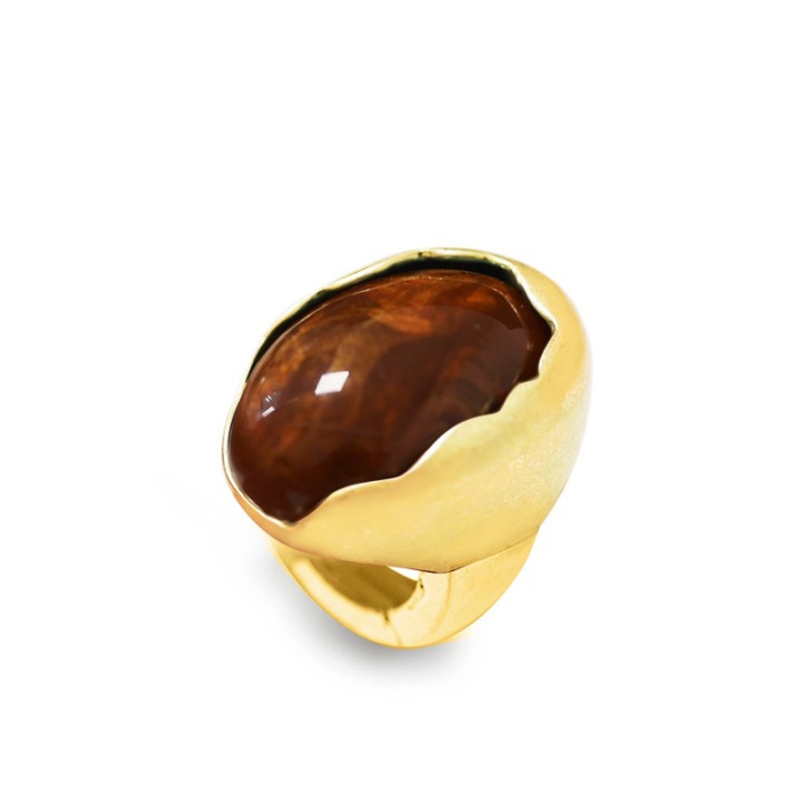 Grande Anello Elastico Ovale DOME In Resina con Pietra Marrone