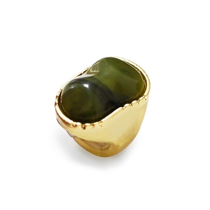 Grande Anello Elastico Organico In Resina con Pietra Verde Oliva
