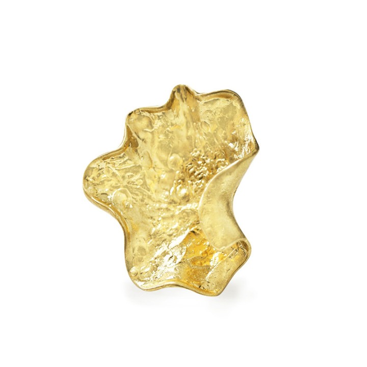 Grande Anello Oro Giallo Elastico Foglia Rugosa