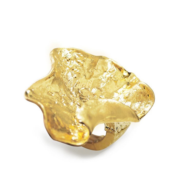 Grande Anello Oro Giallo Elastico Foglia Rugosa