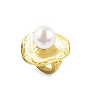 Grande Anello Oro Giallo Elastico Disco con Perla