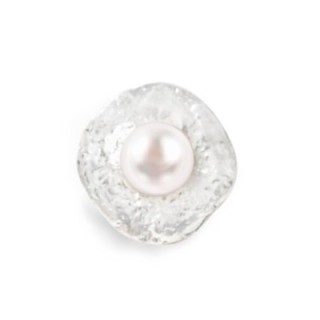 Grande Anello Argento Elastico Disco con Perla