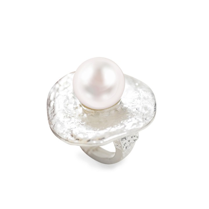 Grande Anello Argento Elastico Disco con Perla