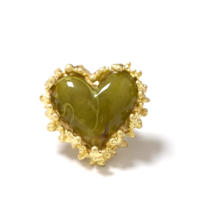 Grande Anello Elastico Coral In Resina A Cuore con Pietra Verde