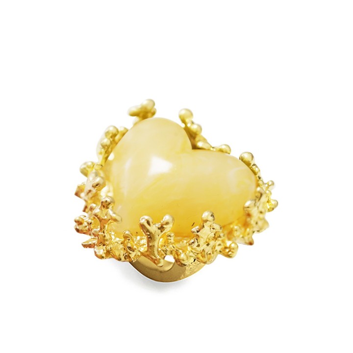 Grande Anello Elastico Coral In Resina A Cuore con Pietra Bianco Antico