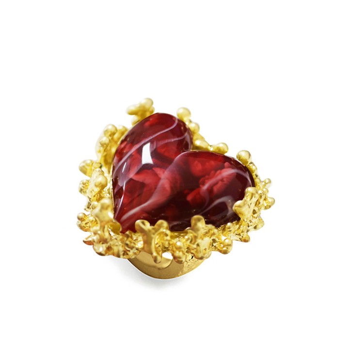 Grande Anello Elastico Coral In Resina A Cuore con Pietra Rosso
