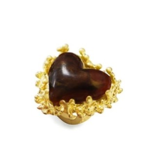 Grande Anello Elastico Coral In Resina A Cuore con Pietra Marrone