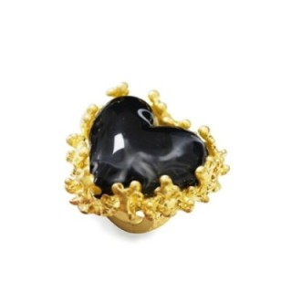 Grande Anello Elastico Coral In Resina A Cuore con Pietra Nero