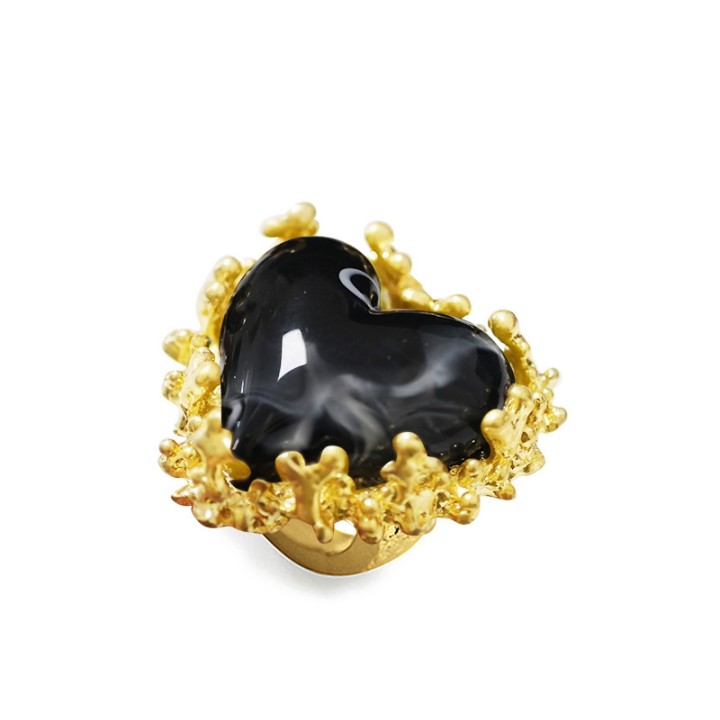 Grande Anello Elastico Coral In Resina A Cuore con Pietra Nero