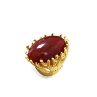 Grande Anello Elastico Oval Coral In Resina con Pietra Rosso
