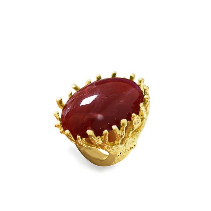 Grande Anello Elastico Oval Coral In Resina con Pietra Rosso