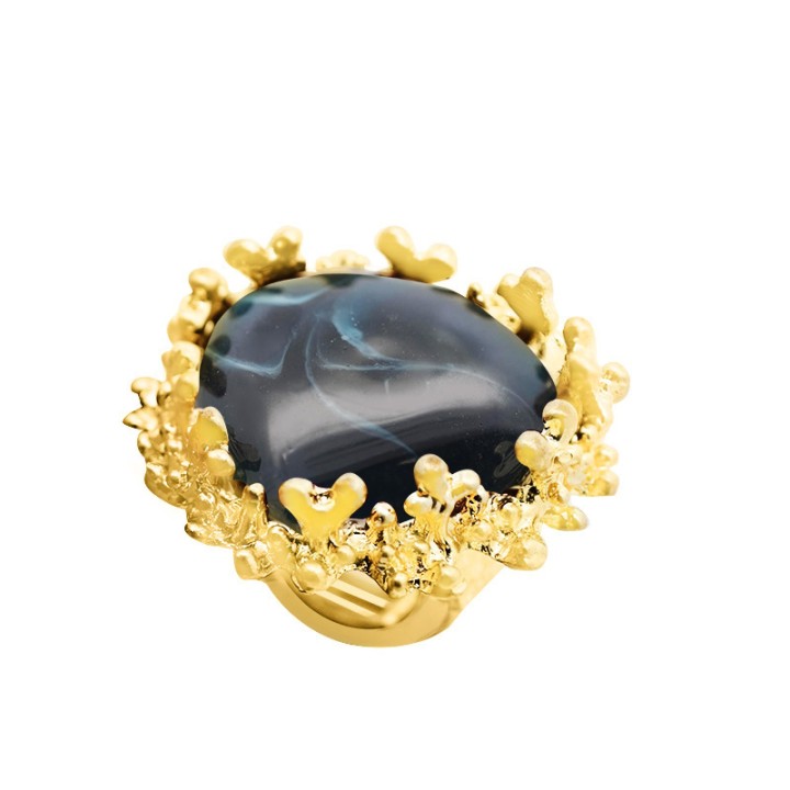 Grande Anello Elastico Coral in Resina con Pietra Blu