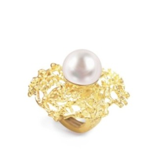 Grande Anello Elastico Oro Giallo Coral con Perla