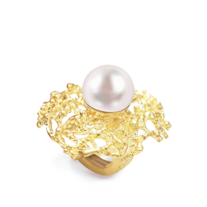 Grande Anello Elastico Oro Giallo Coral con Perla