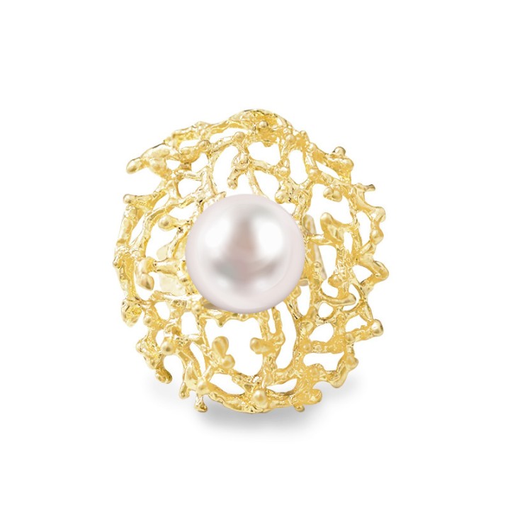 Grande Anello Elastico Oro Giallo Coral con Perla