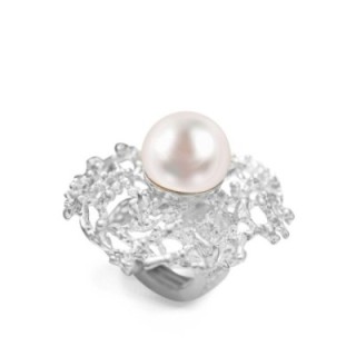 Grande Anello Elastico Argento Coral con Perla