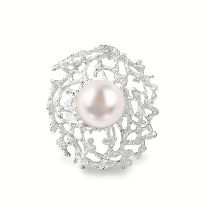Grande Anello Elastico Argento Coral con Perla