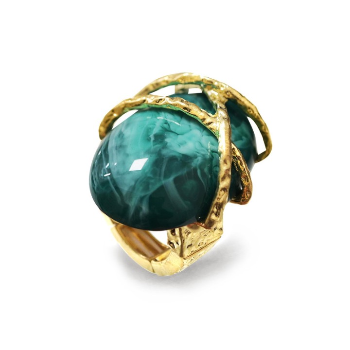 Grande Anello Elastico In Resina con Pietra Ovale Verde