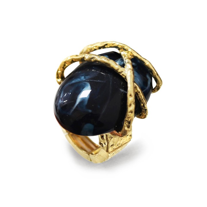 Grande Anello Elastico In Resina con Pietra Ovale Blu