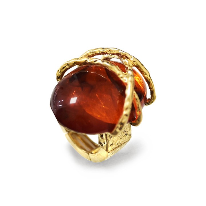 Grande Anello Elastico In Resina con Pietra Ovale Marrone