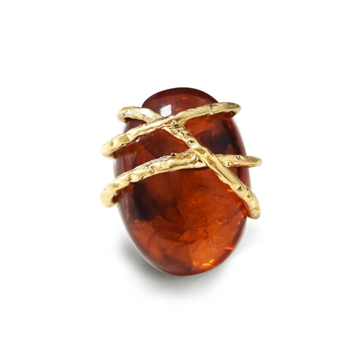 Grande Anello Elastico In Resina con Pietra Ovale Marrone