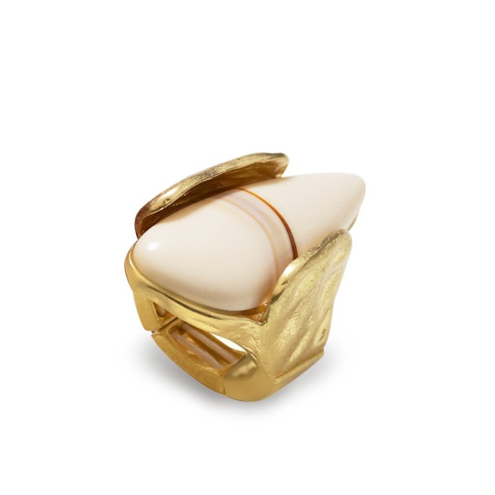 Grande Anello Elastico A Punta in Resina con Pietra Beige
