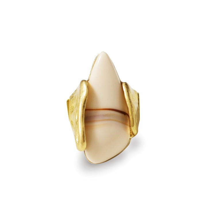 Grande Anello Elastico A Punta in Resina con Pietra Beige