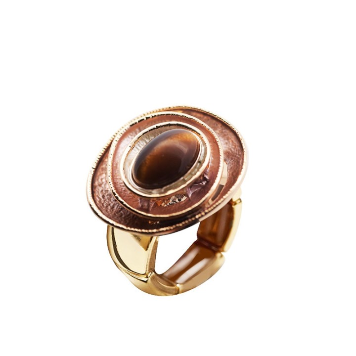 Anello Elastico Smaltato Marrone Tondo Irregolare A Tre Strati con Pietra