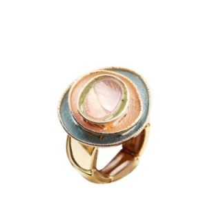 Anello Elastico Smaltato Rosa Tondo Irregolare A Tre Strati con Pietra