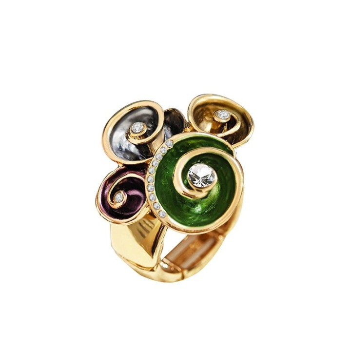 Anello Elastico Quattro Spirali Smaltati con Strass Verde