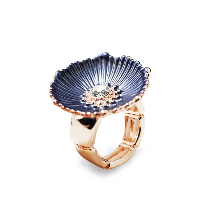 Anello Elastico Floreale Smaltato con Strass Blu