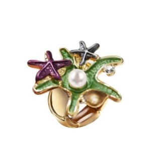 Anello Elastico con Stelle Marine Smaltate E Perla Verde