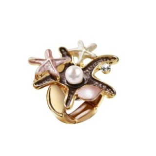 Anello Elastico con Stelle Marine Smaltate E Perla Caffè
